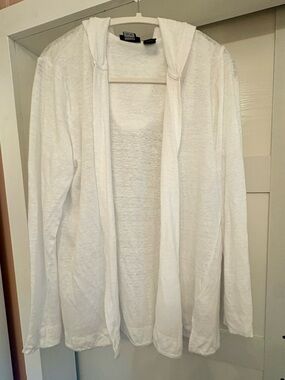 Tahari White Linen hooded cardigan with Subtle Texture